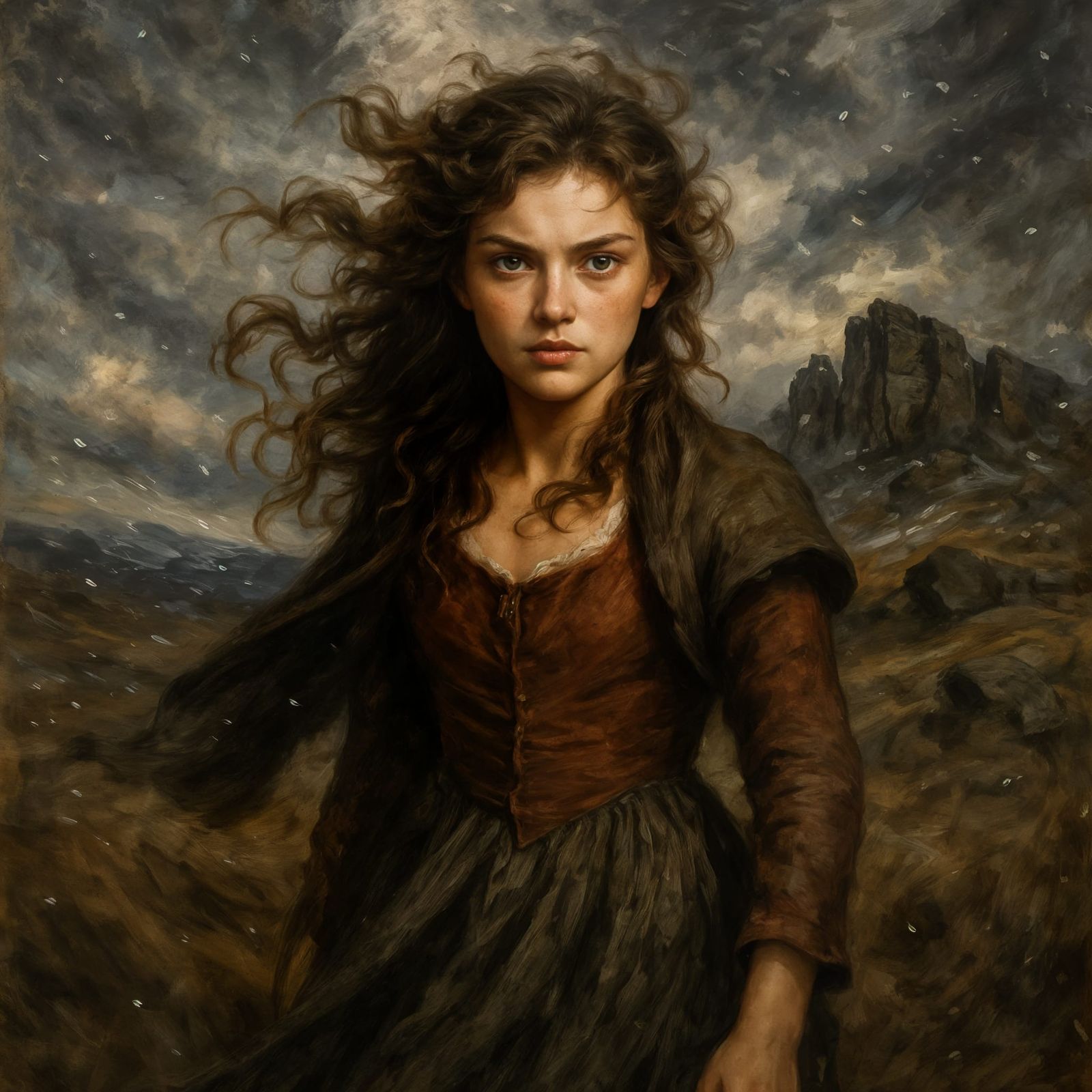 Young Catherine Earnshaw on Stormy Yorkshire Moors