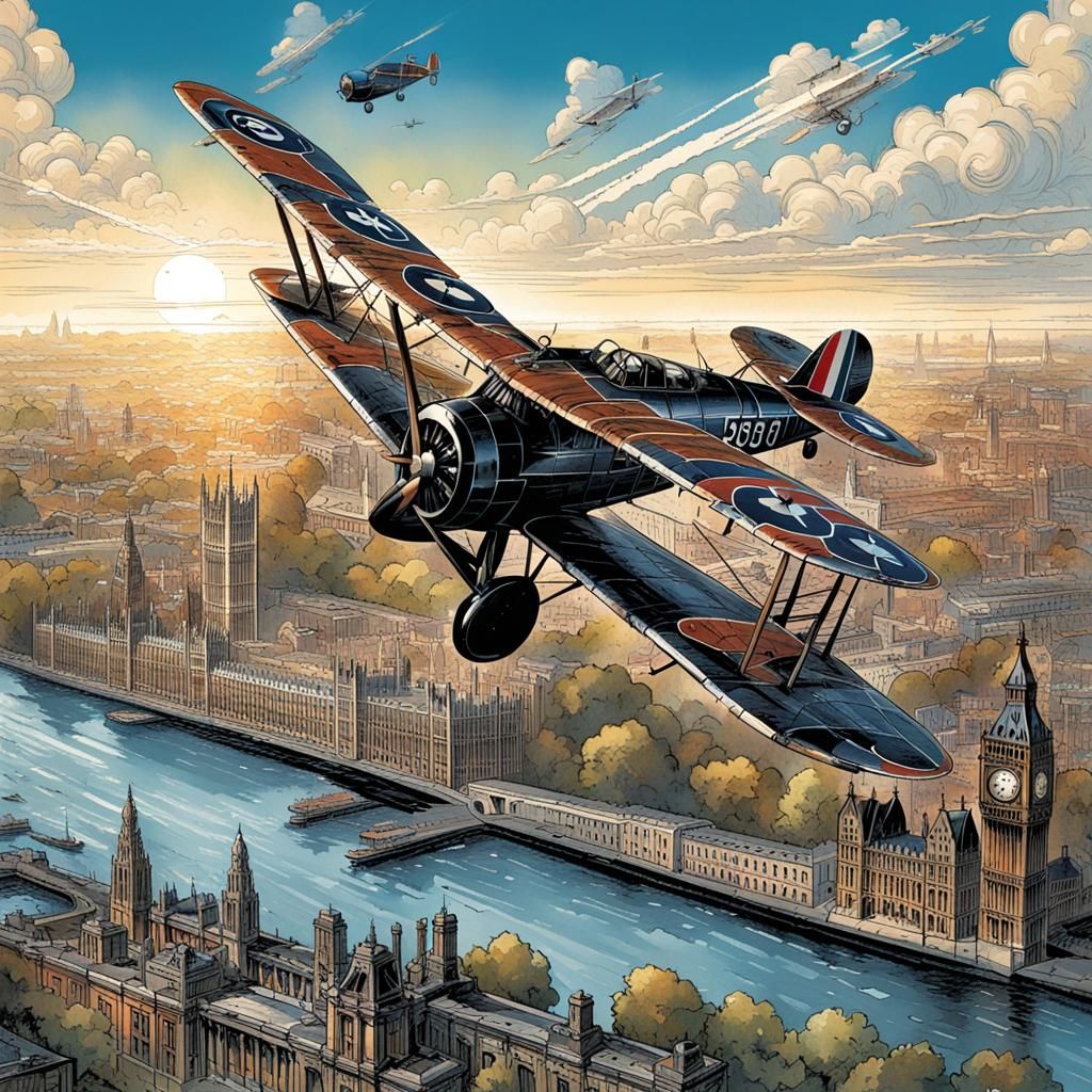 Fokker D.VIII Over London in Comic Book Style