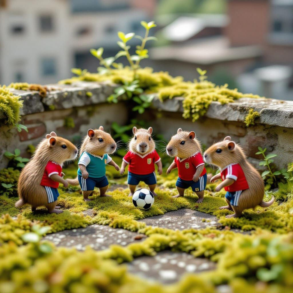 Capybaras Play Soccer on Rooftop Garden in Painterly Style