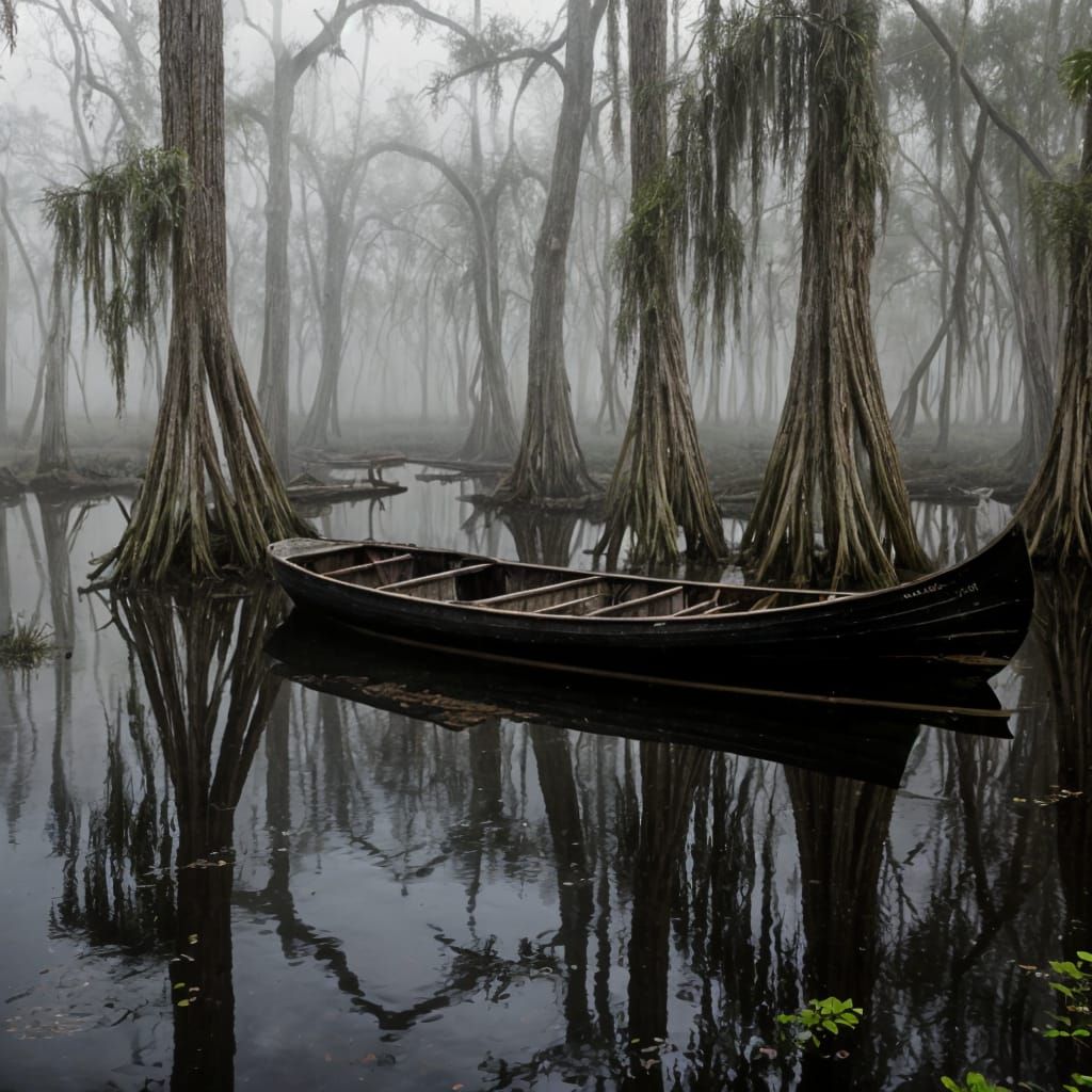 Hazy Everglades Cypress Swamp With Sunken Rowboat