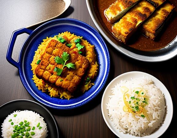 A Curry Rice Dish with Deep Fried Pork Cutlet in Vibrant Col...