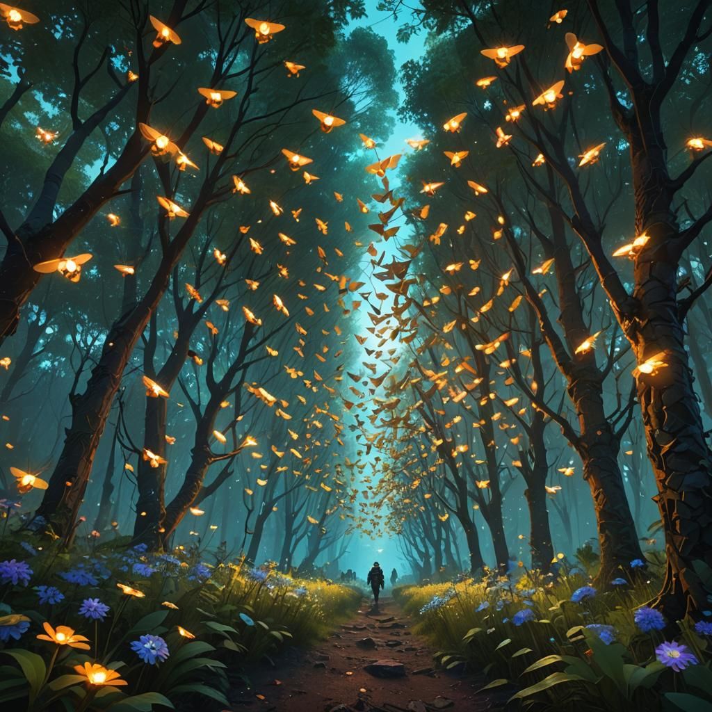 Glowing Triangles Hovering in Mystical Forest