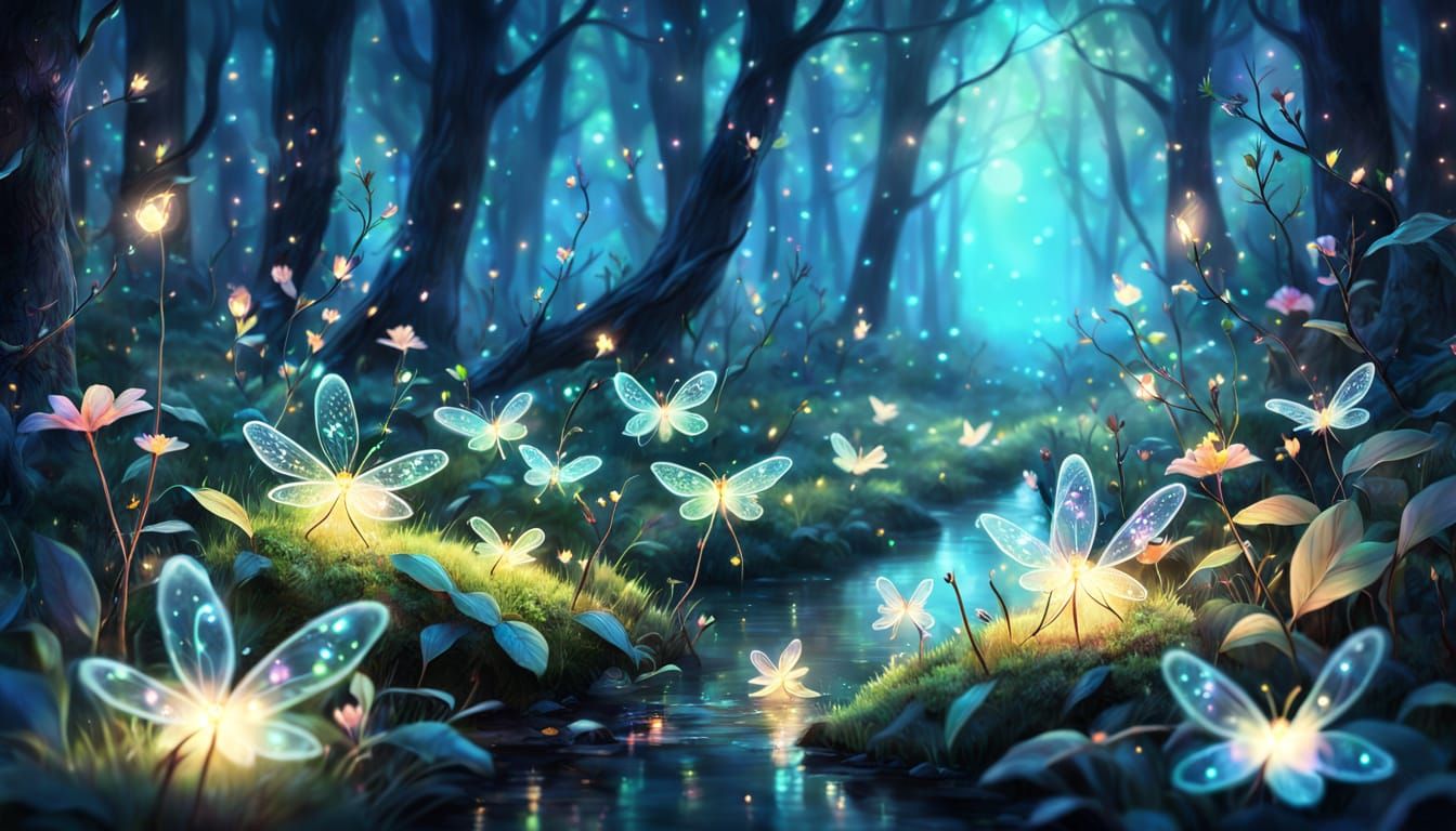 Enchanted Woods Alive with Whimsical Fireflies