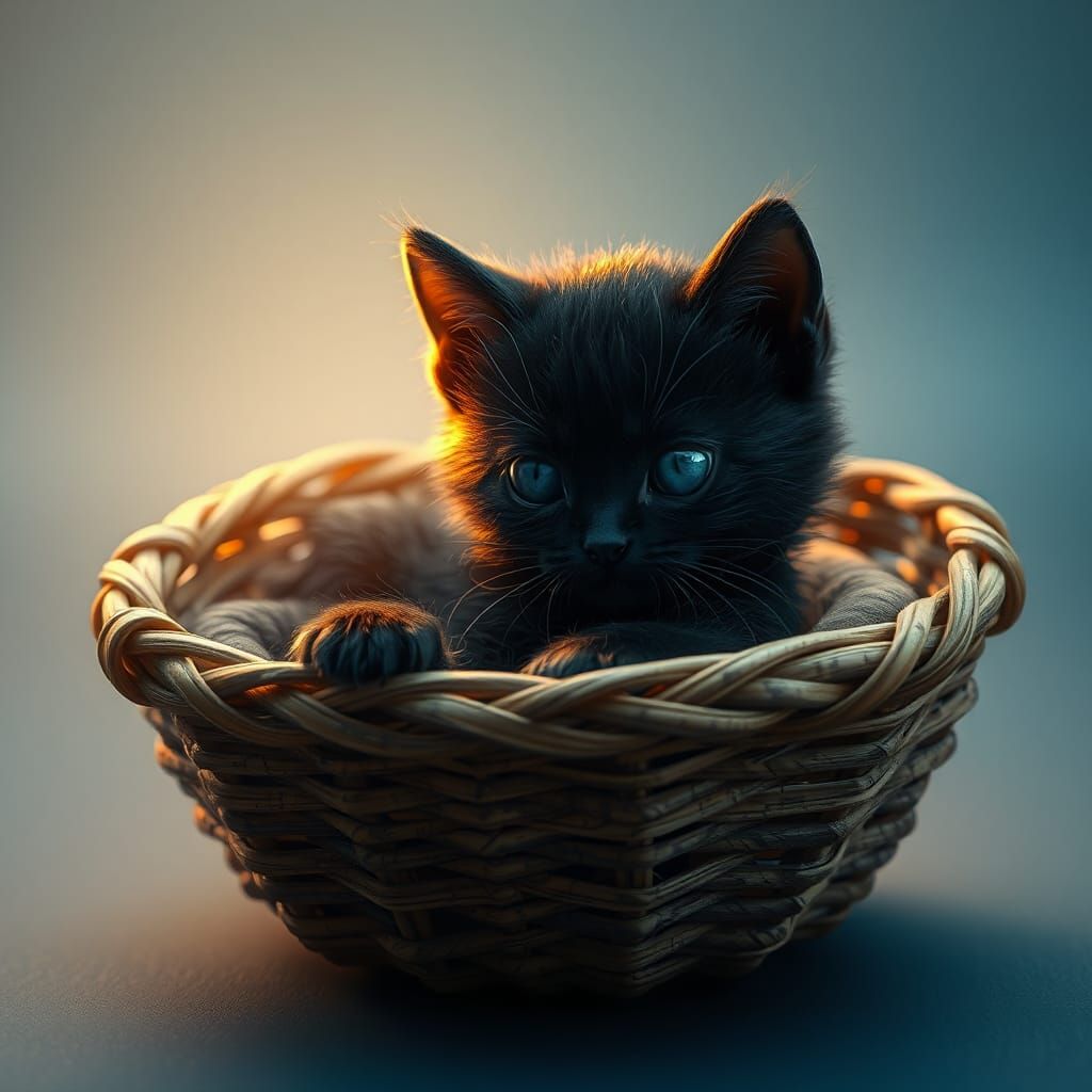 Black Kitten in Basket, Dreamlike Digital Art