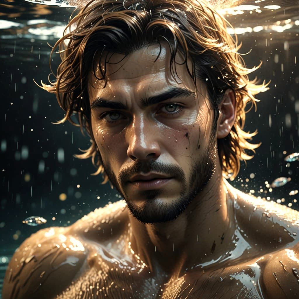 Anime Man with Golden Eyes Swimming in Water