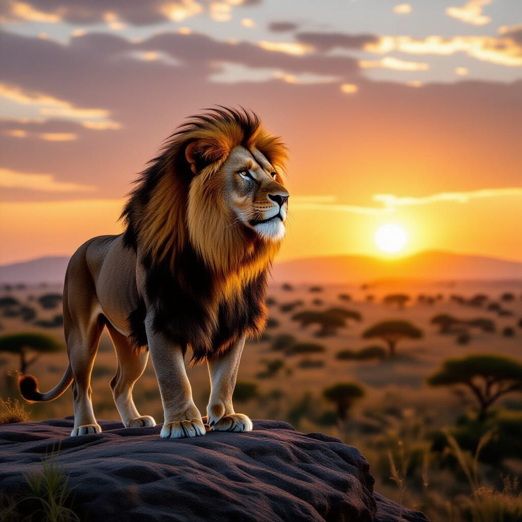 Majestic Lion at Sunrise Over Kenyan Savanna