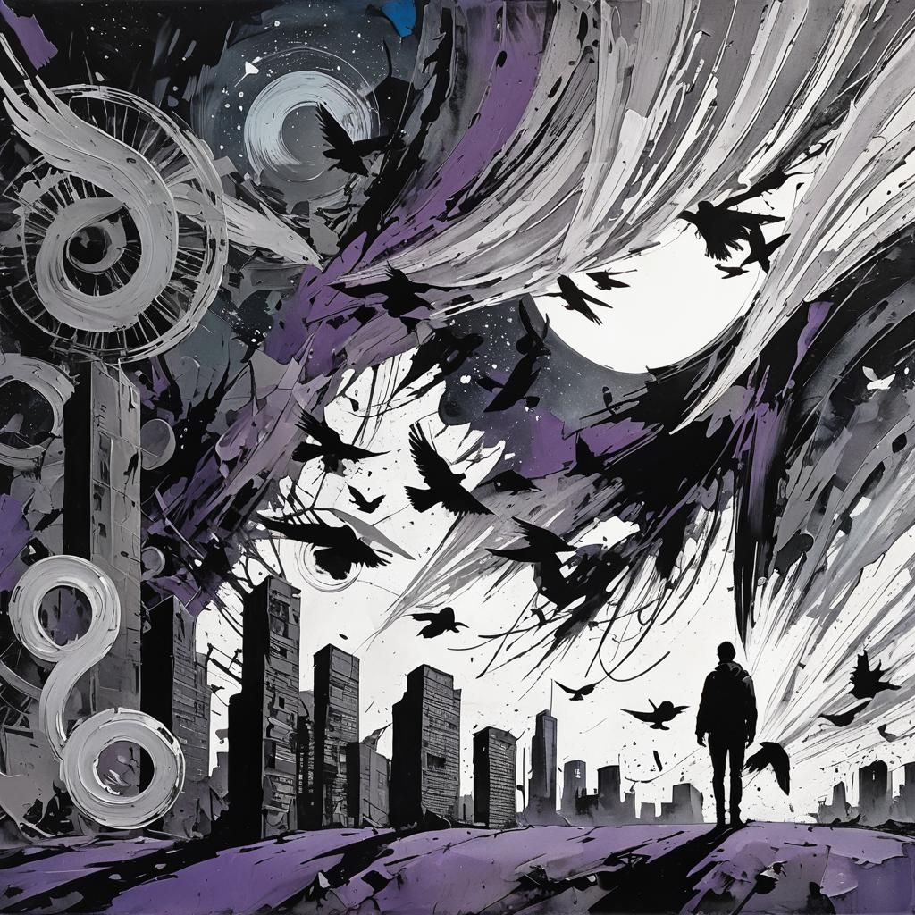 Broken Wings in Moonlit Landscape: Abstract Expressionism