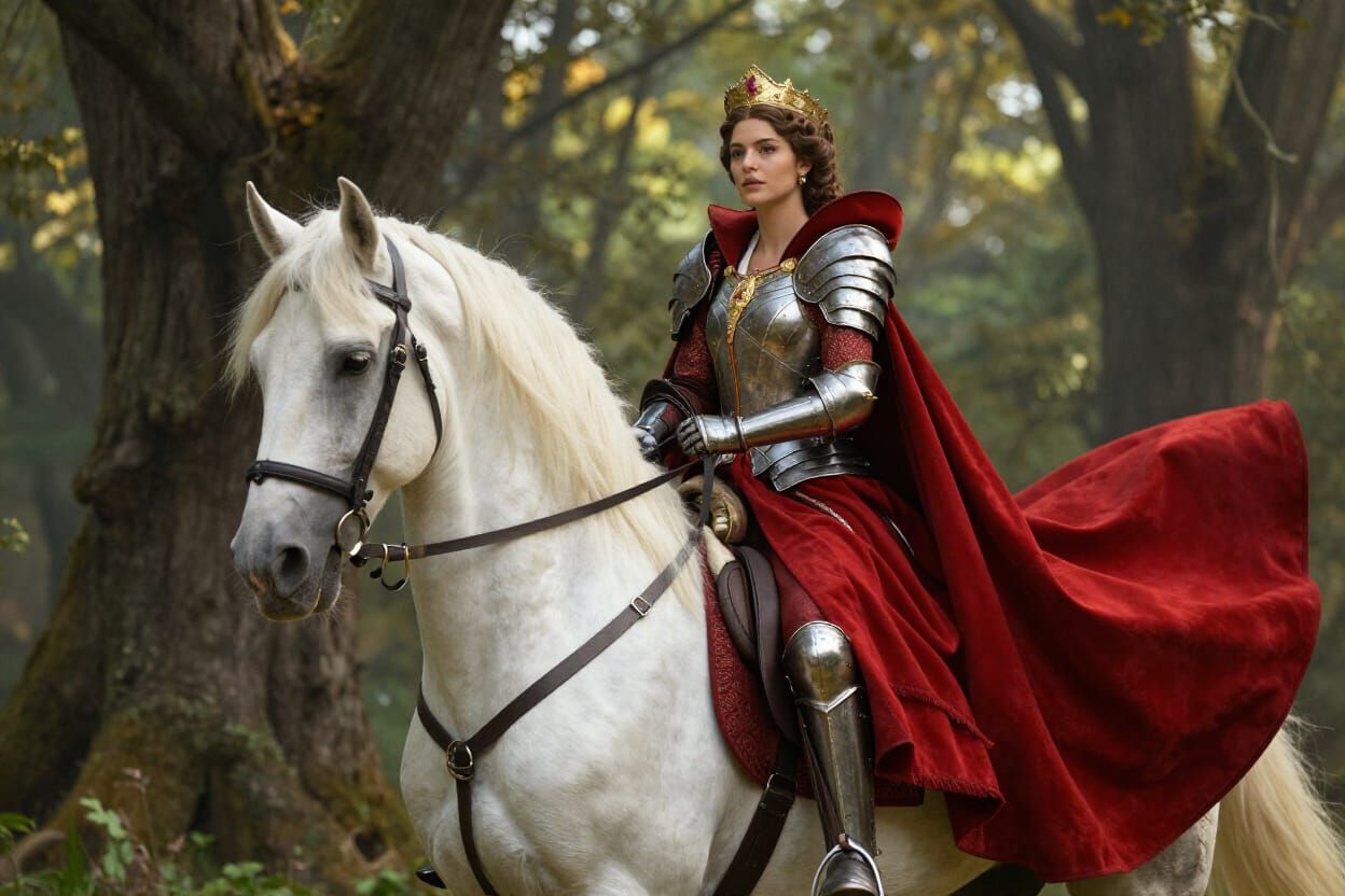Regal Queen in Armor Rides White Horse Through Medieval Fore...