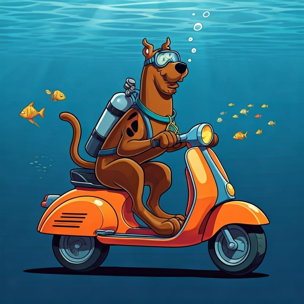 Scooby-Doo scuba diving on a scooter