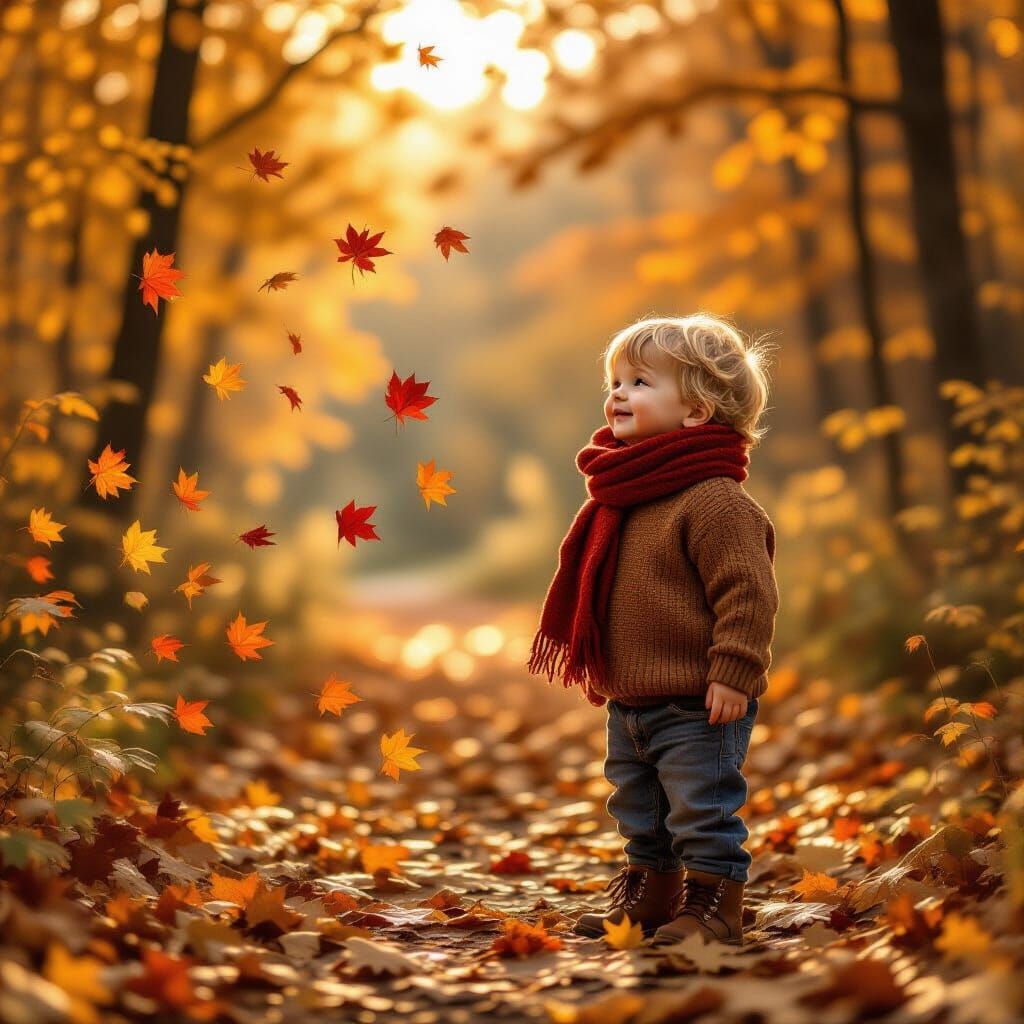 Boy in Autumn Forest Path