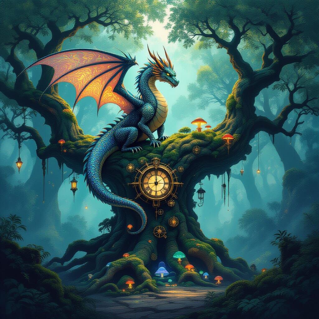 Bioluminescent Dragon on Clockwork Tree, Ink Wash Steampunk ...