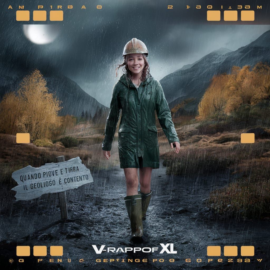 Italian Geologist Girl in Rainy Autumn Landscape