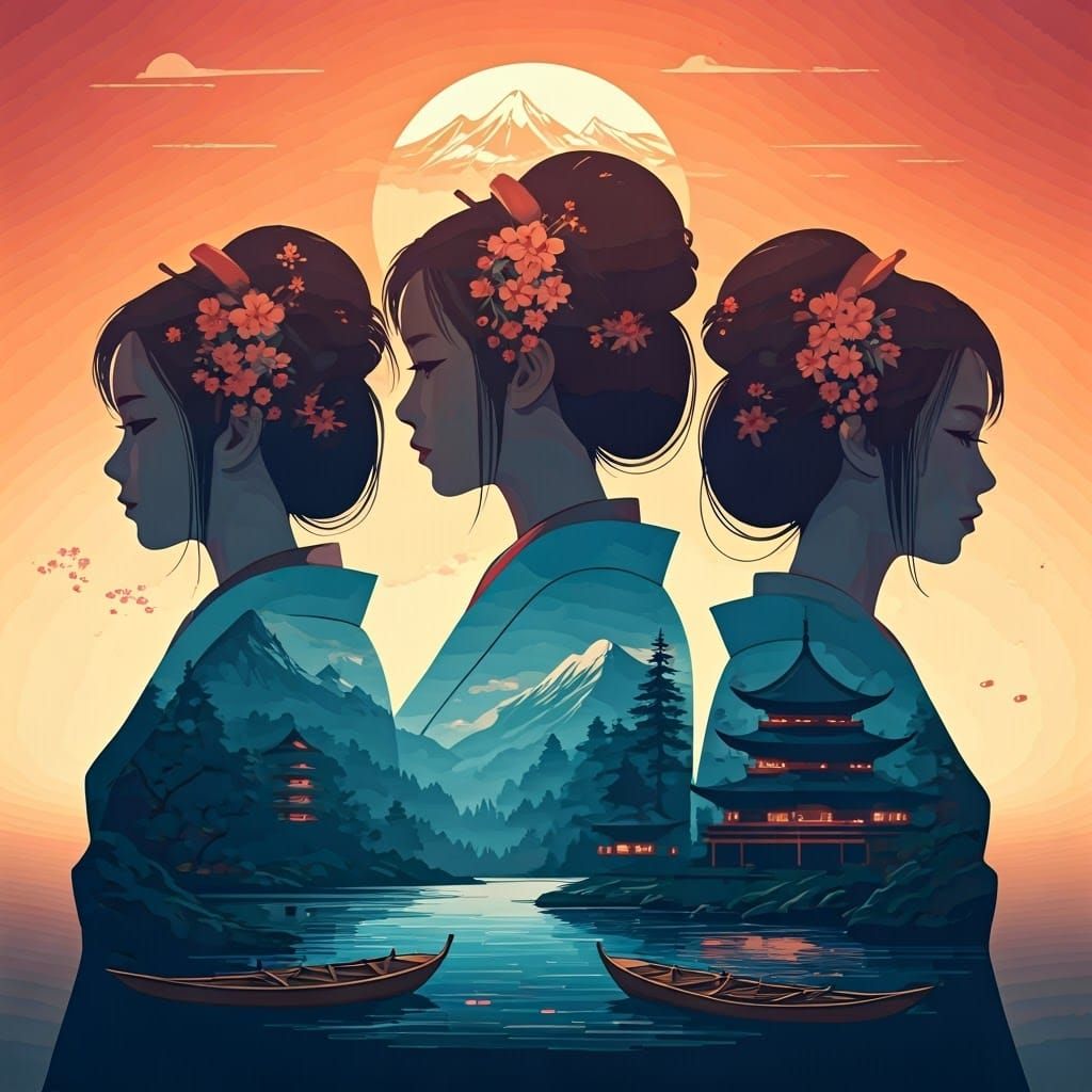 Surreal Geisha Portraits in a Serene, Hyper-Realistic Landsc...