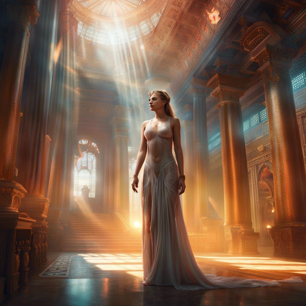 Woman in Temple Hall: Detailed Fantasy Concept Art
