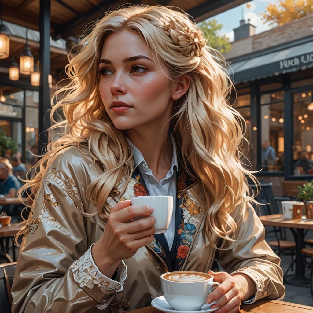 Woman Enjoying Coffee: Hyperdetailed Artgerm-Inspired Portra...