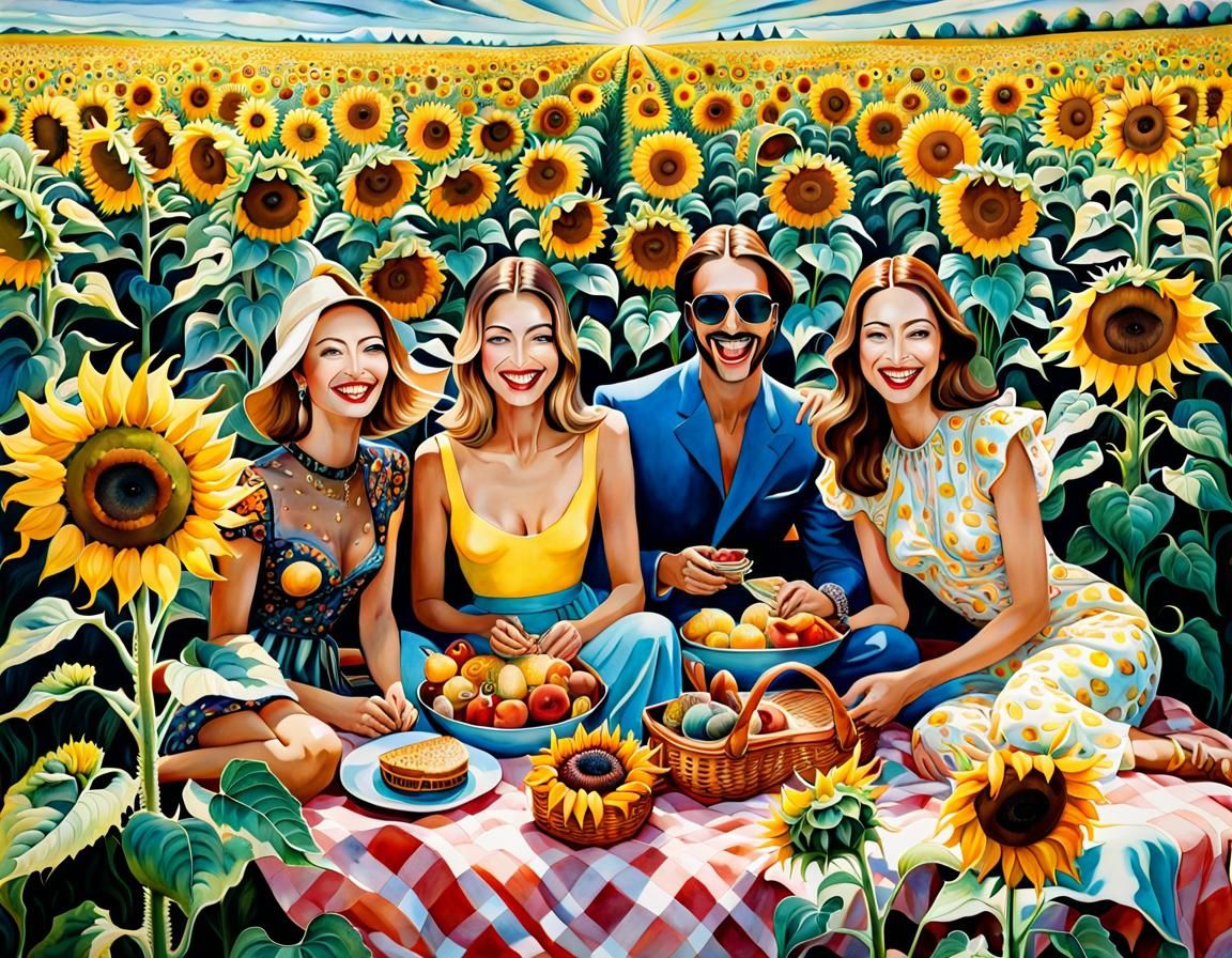 Friends' Surreal Picnic in Sunflower Field: Watercolor Style
