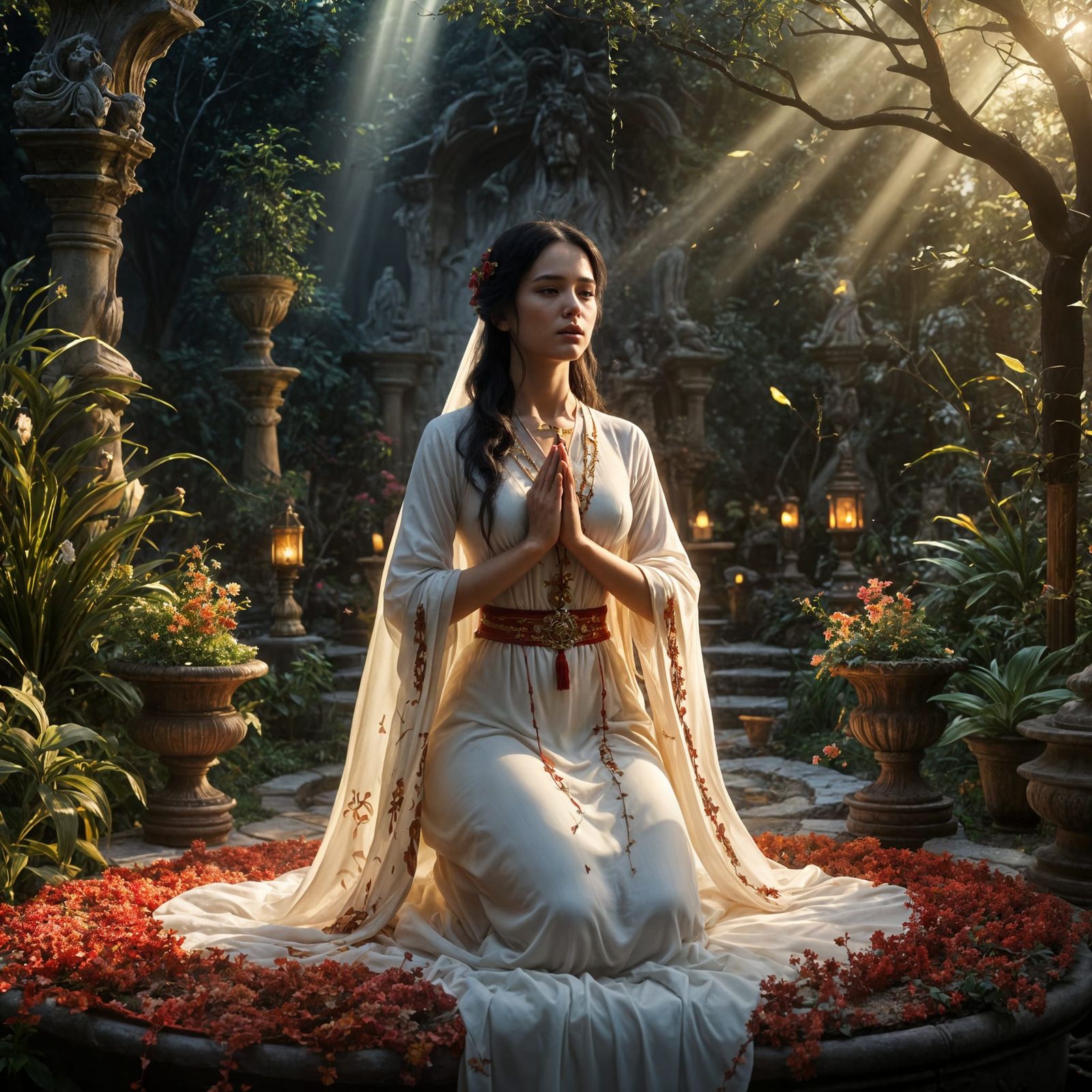 Solemn Priestess Praying in Fantasy Garden