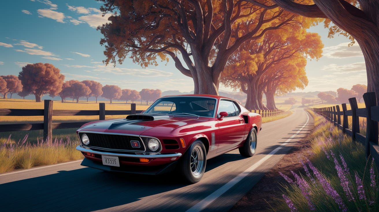 Crimson Mustang Boss 429 on Country Road
