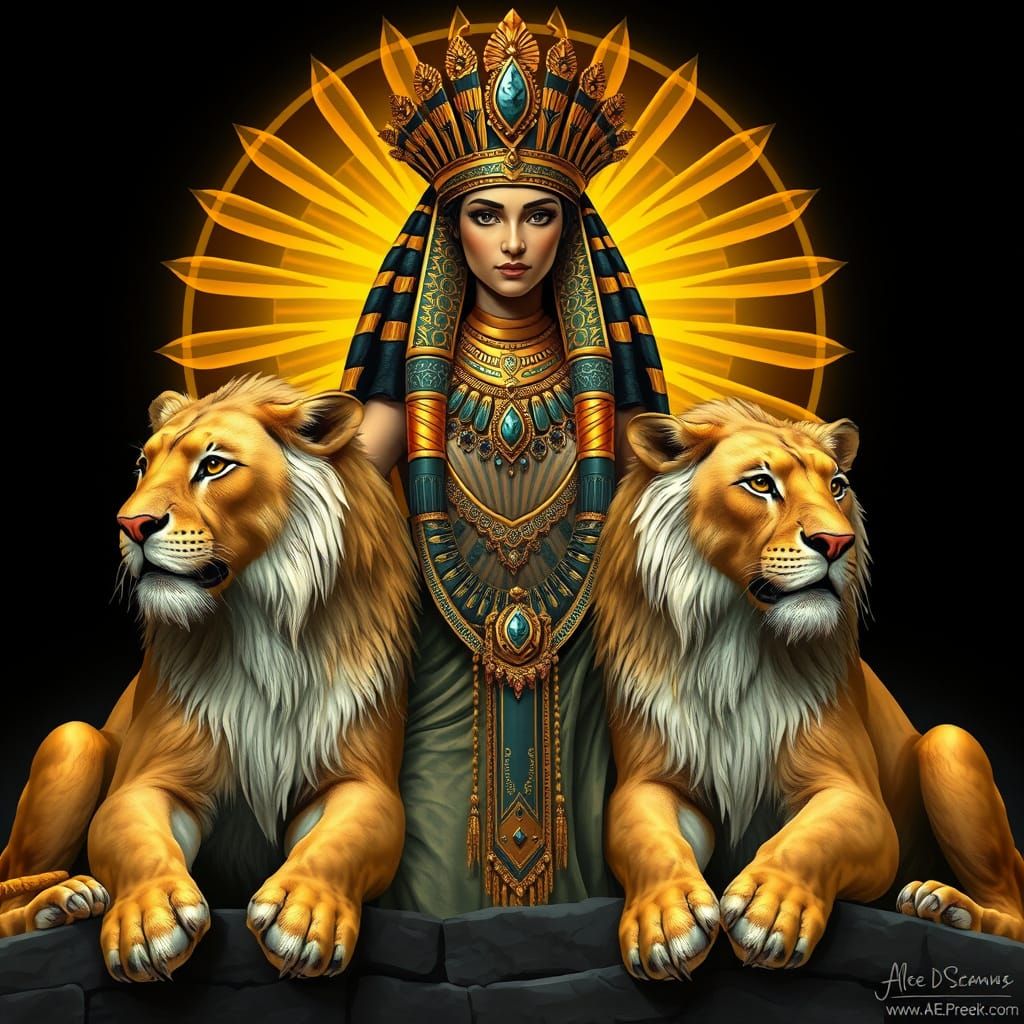 Ancient Egyptian Queen Surrounded by Majestic Felines