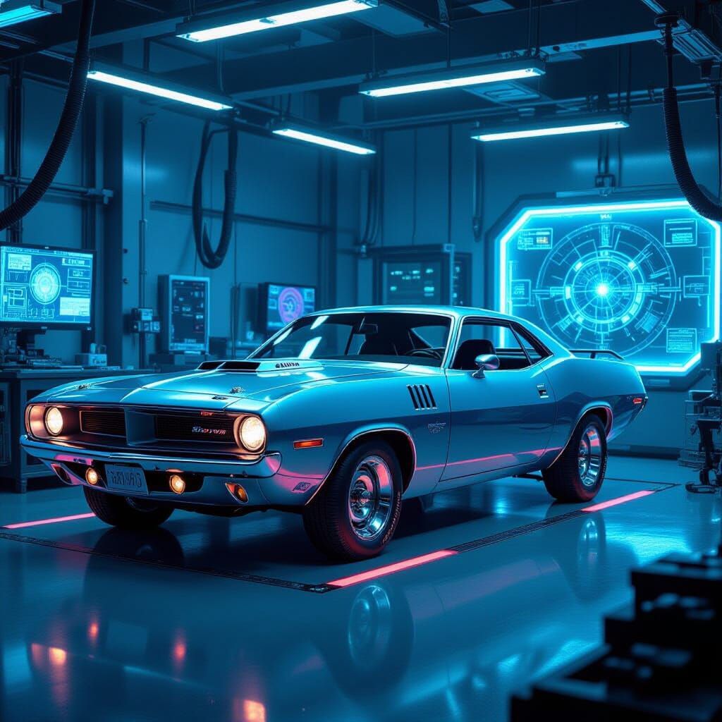 Cyberpunk Plymouth Barracuda Transformation in Futuristic La...