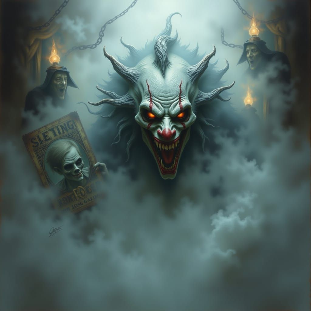 , an evil clown appears out of a eerie fog