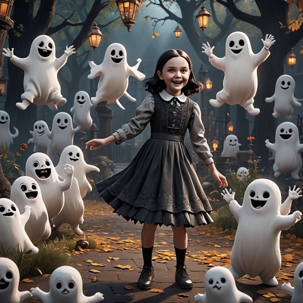 Friendly Ghosts Dance with Young Wednesday Addams