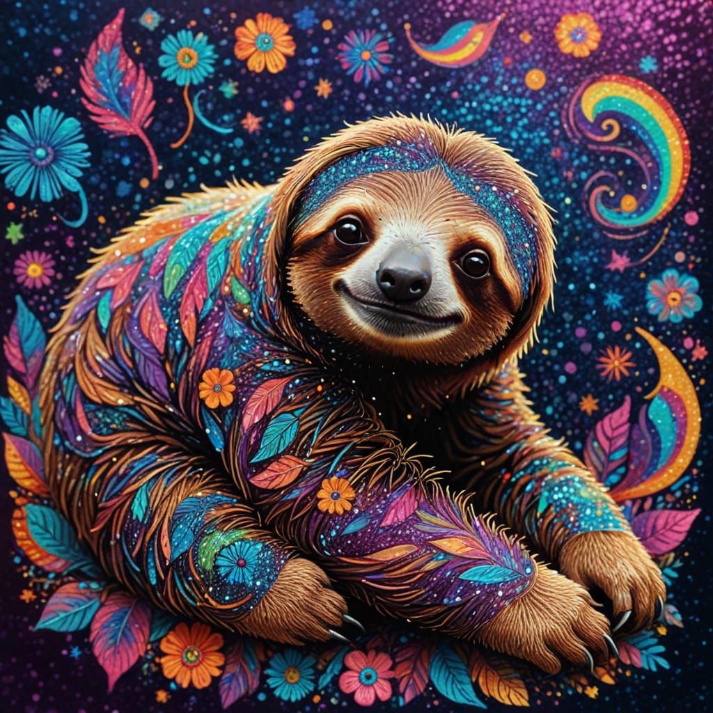 Vibrant Psychedelic Sloth in a Rainbow of Colors