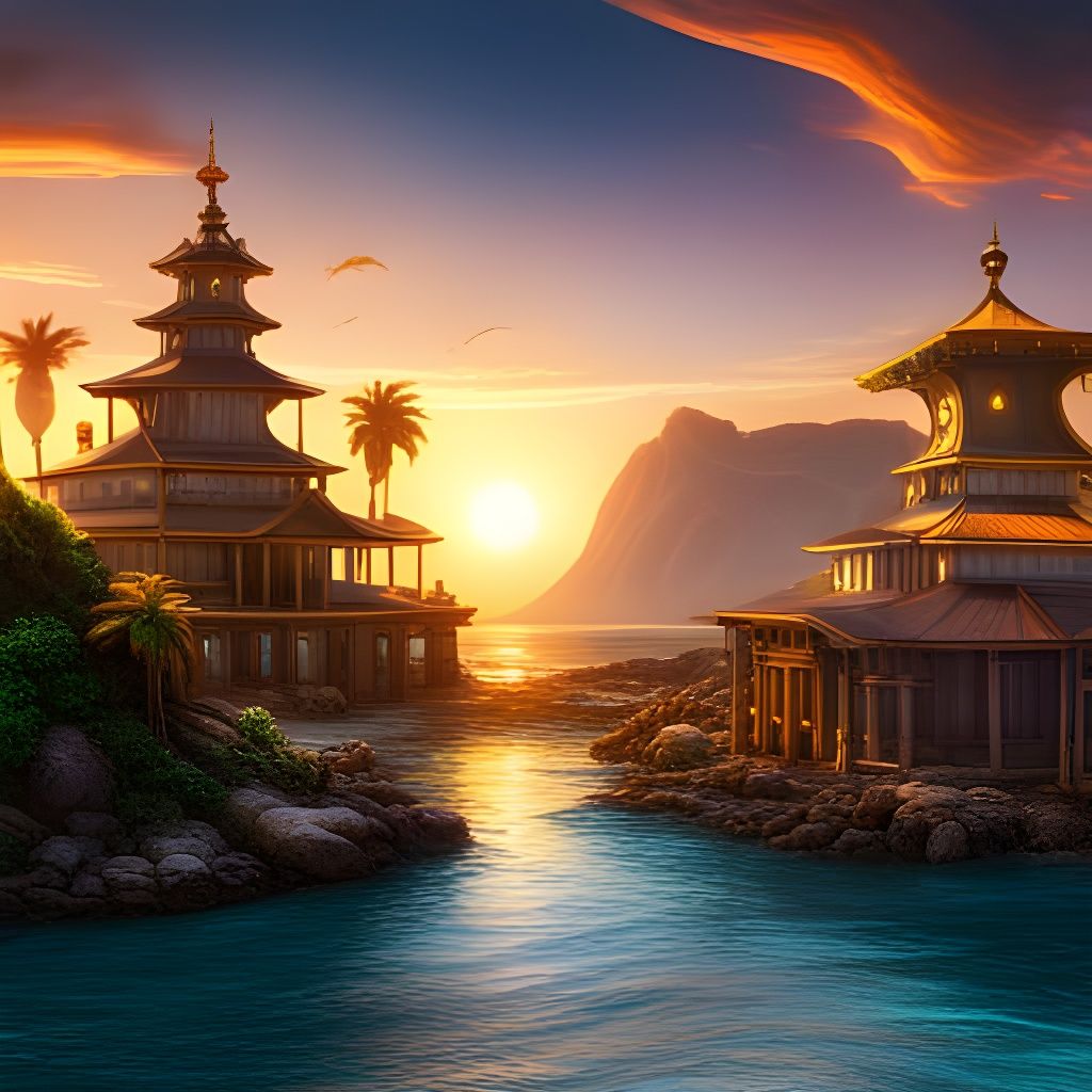 Golden Ocean Sunset Temple: Fantasy Concept Art