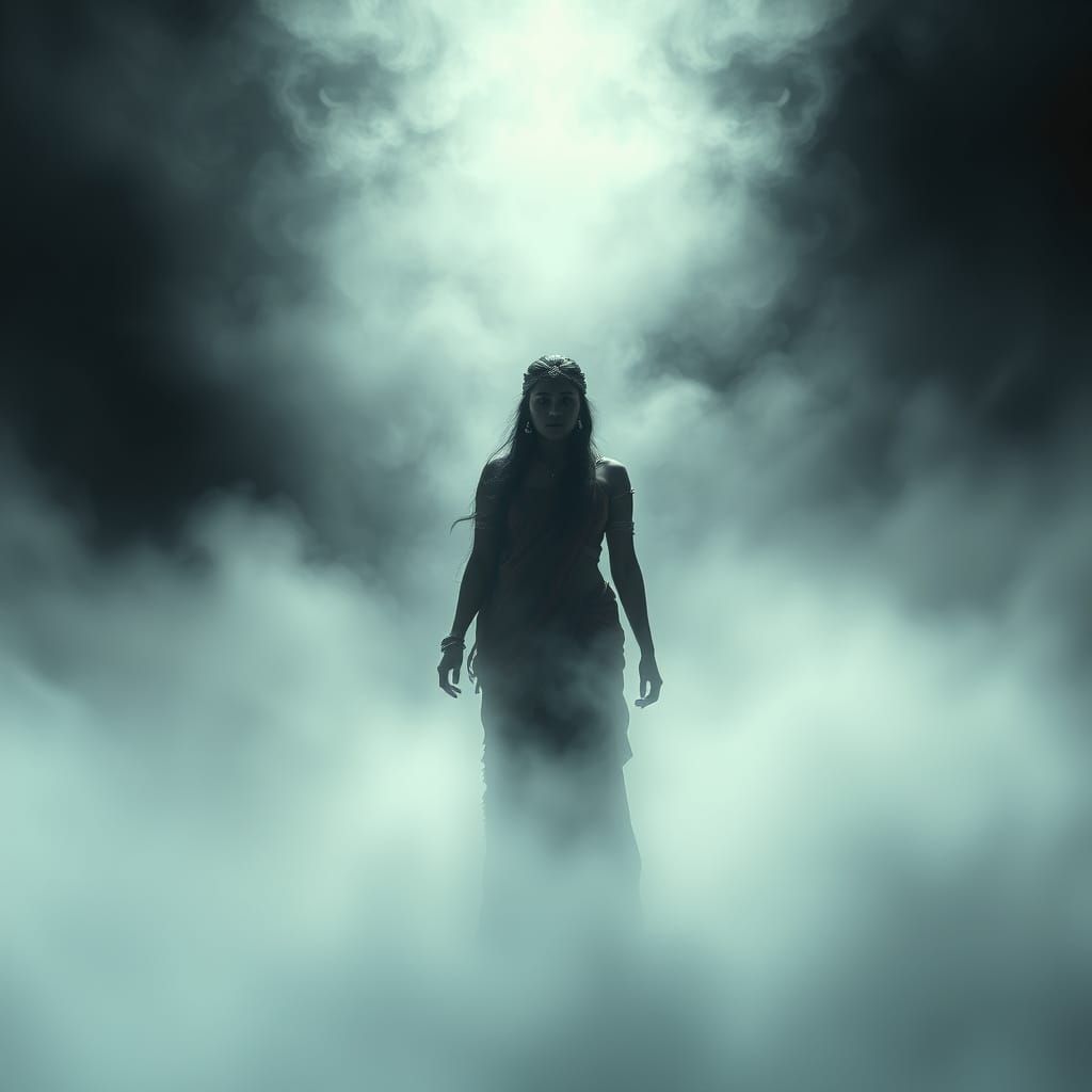 Voluptuous Woman in Mist: Gothic Horror Ambiance