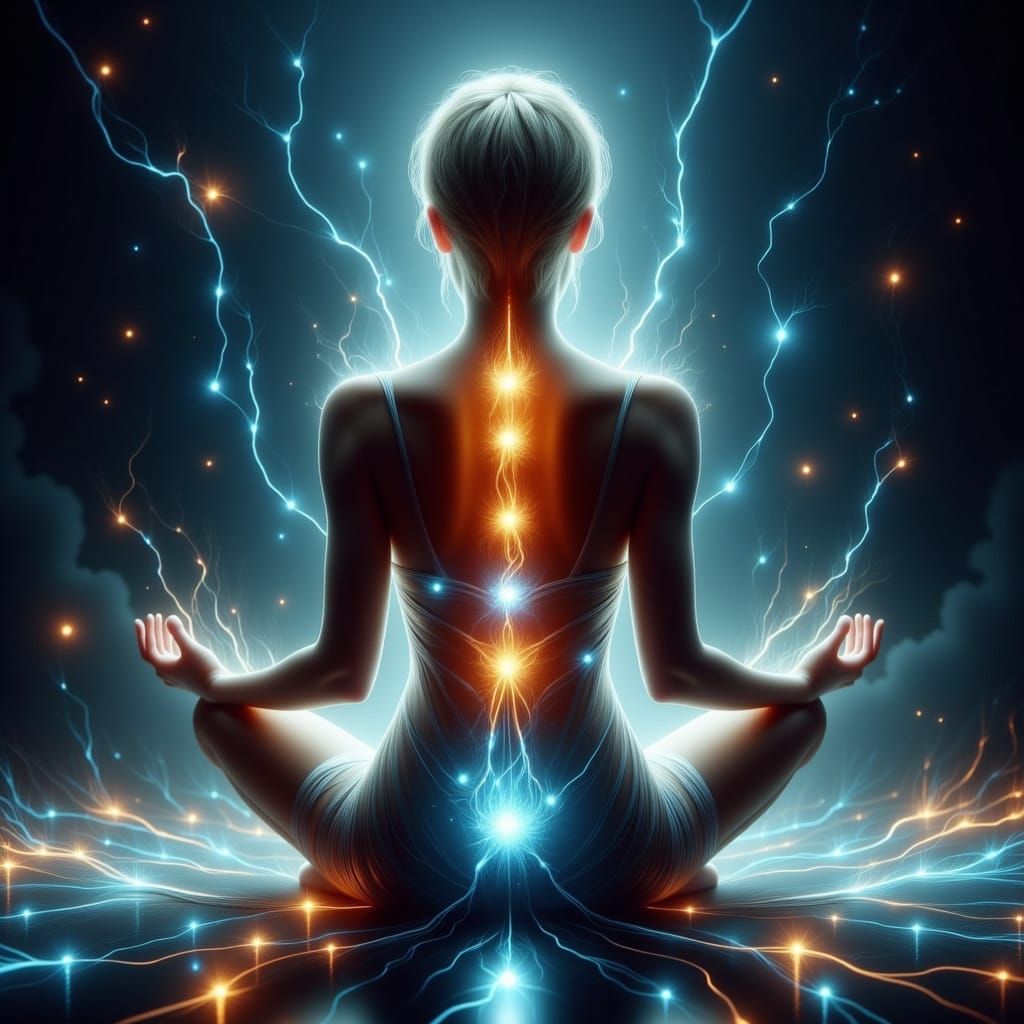 Woman Meditating with Glowing Chakras in Vibrant Colors