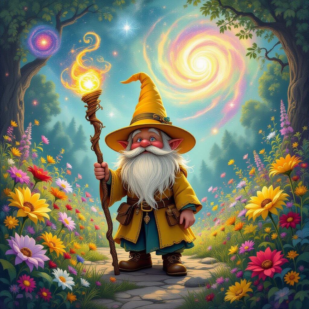 Gnome Wizard Contemplates Cosmic Garden, Dreamlike Art