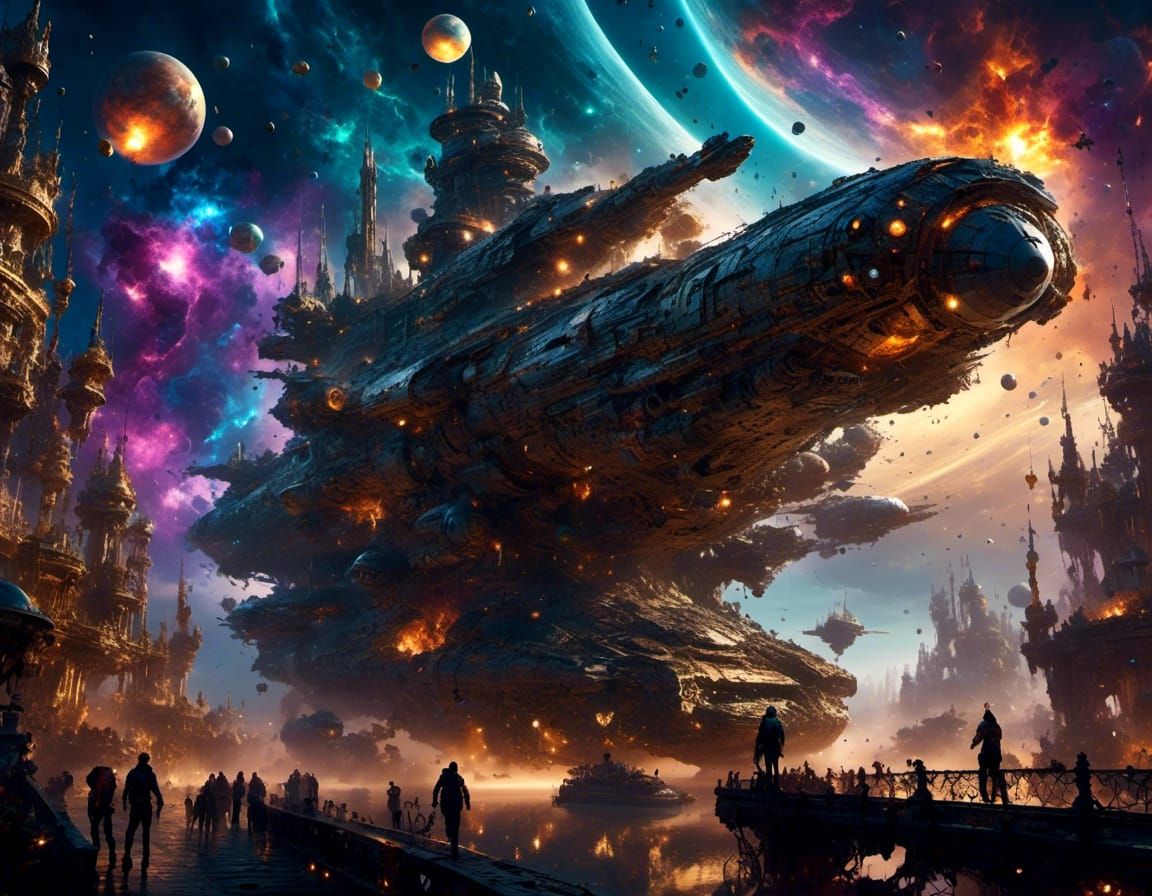 Colossal Space Battleship Silhouetted in Cosmic Vista