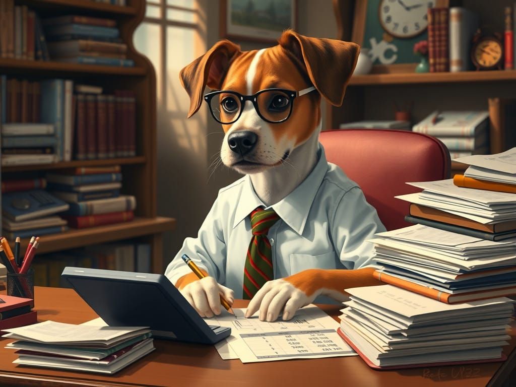 Eccentric Dog Intensely Focuses on Financial Calculations in...