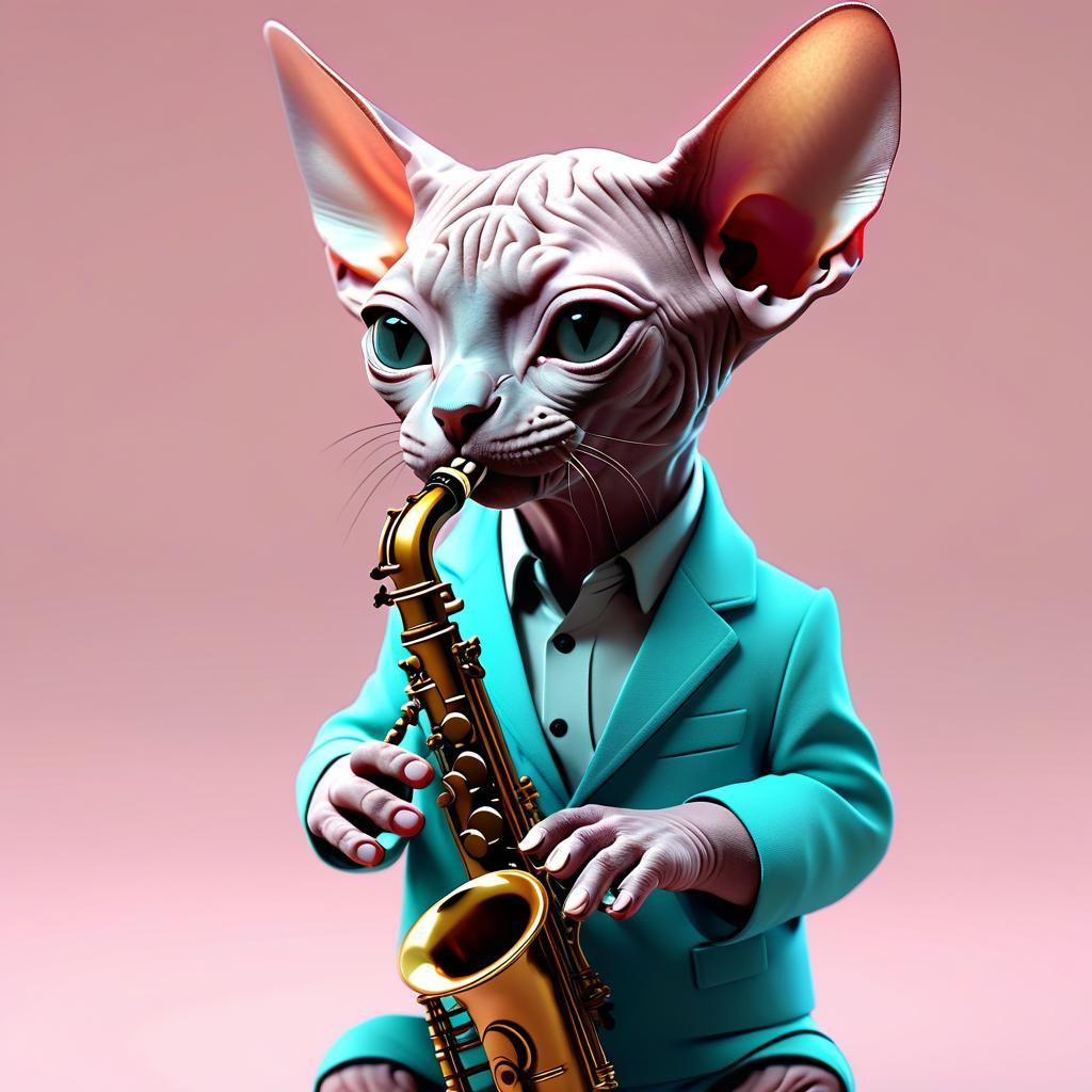 Kawaii Sphynx Cat Playing Saxophone in Anime Style