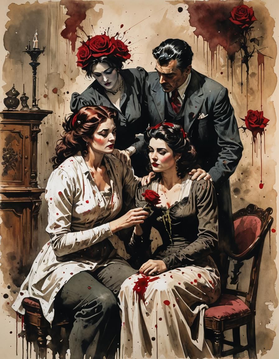 Evocative Painting of Sad Parents with Rose in Watercolor