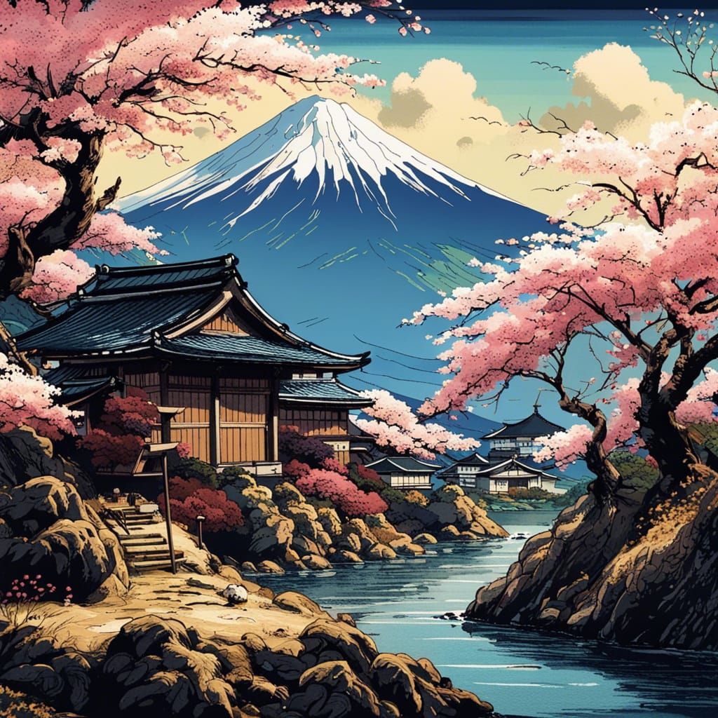 Japanese Village with Cherry Blossoms, Digital Art