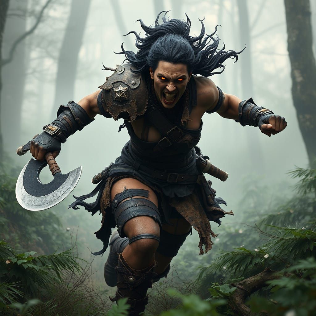 Fierce Female Half-Orc Barbarian Charging Through Primeval F...
