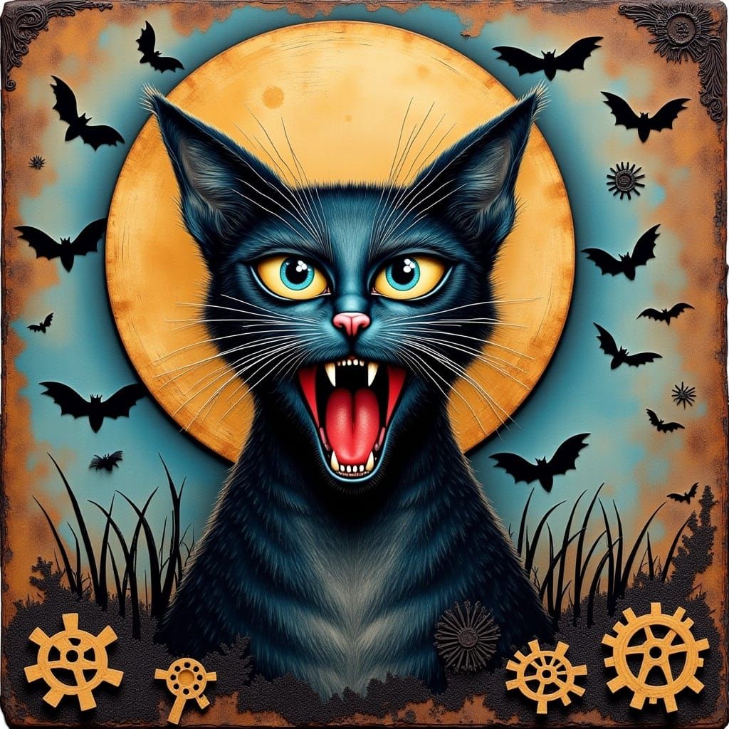 Mystical Fanged Cat Collage on Wood Canvas