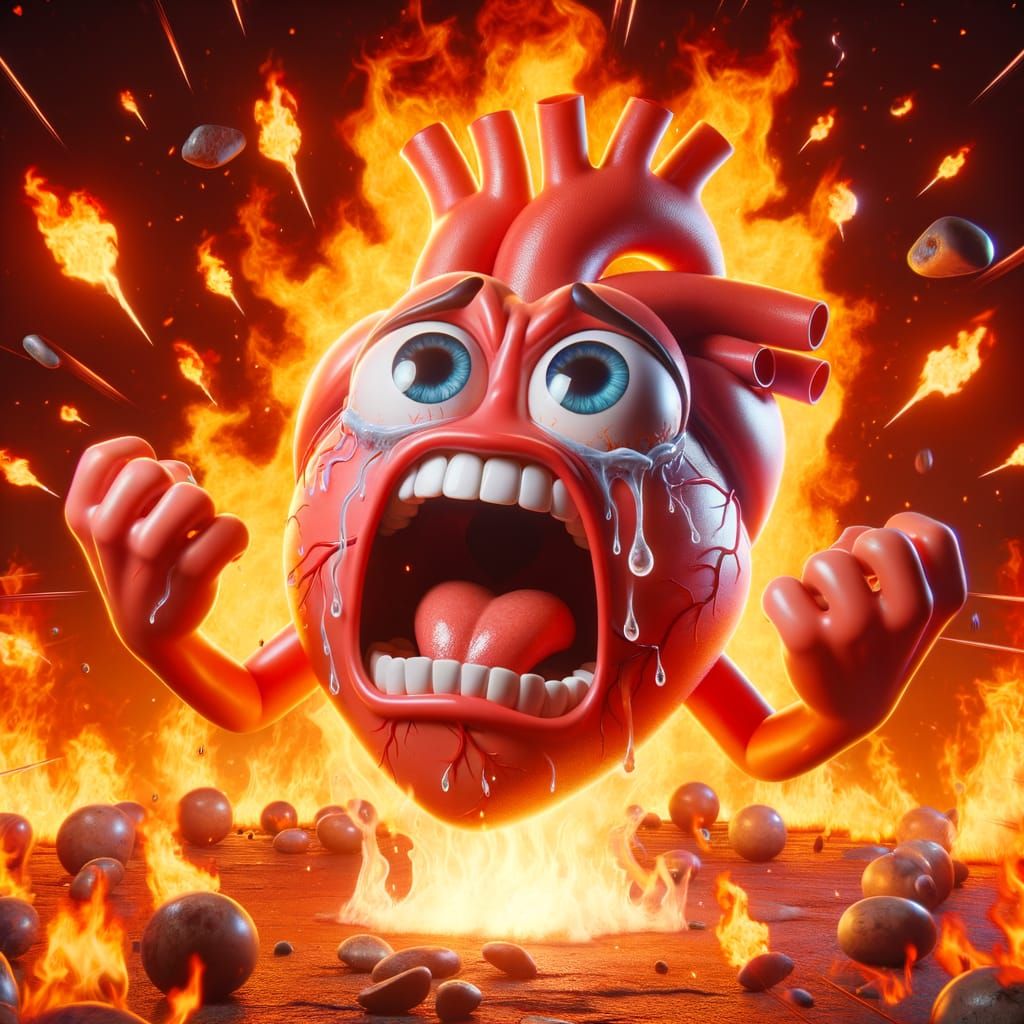 Cartoon Heart in Agony Surrounded by Flames