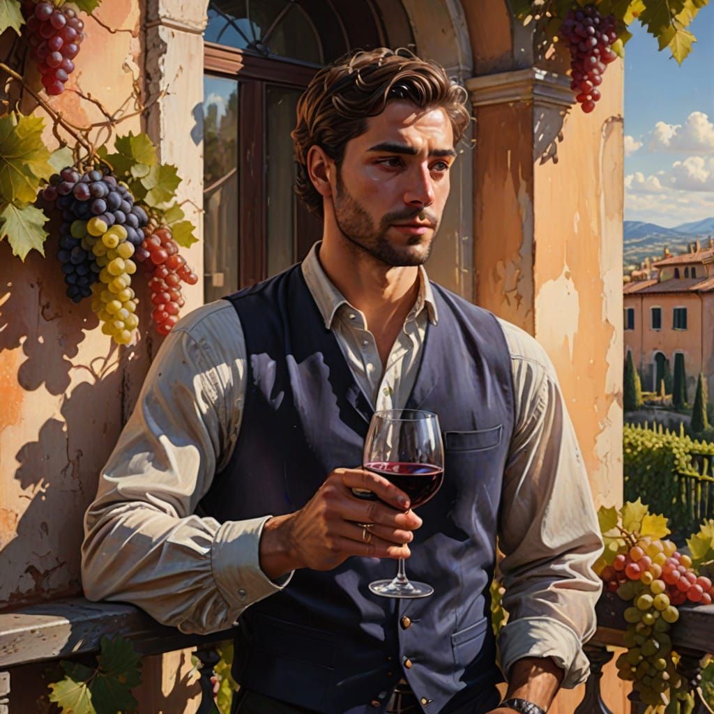 Italian Villa Scene with Young Man and Grapes