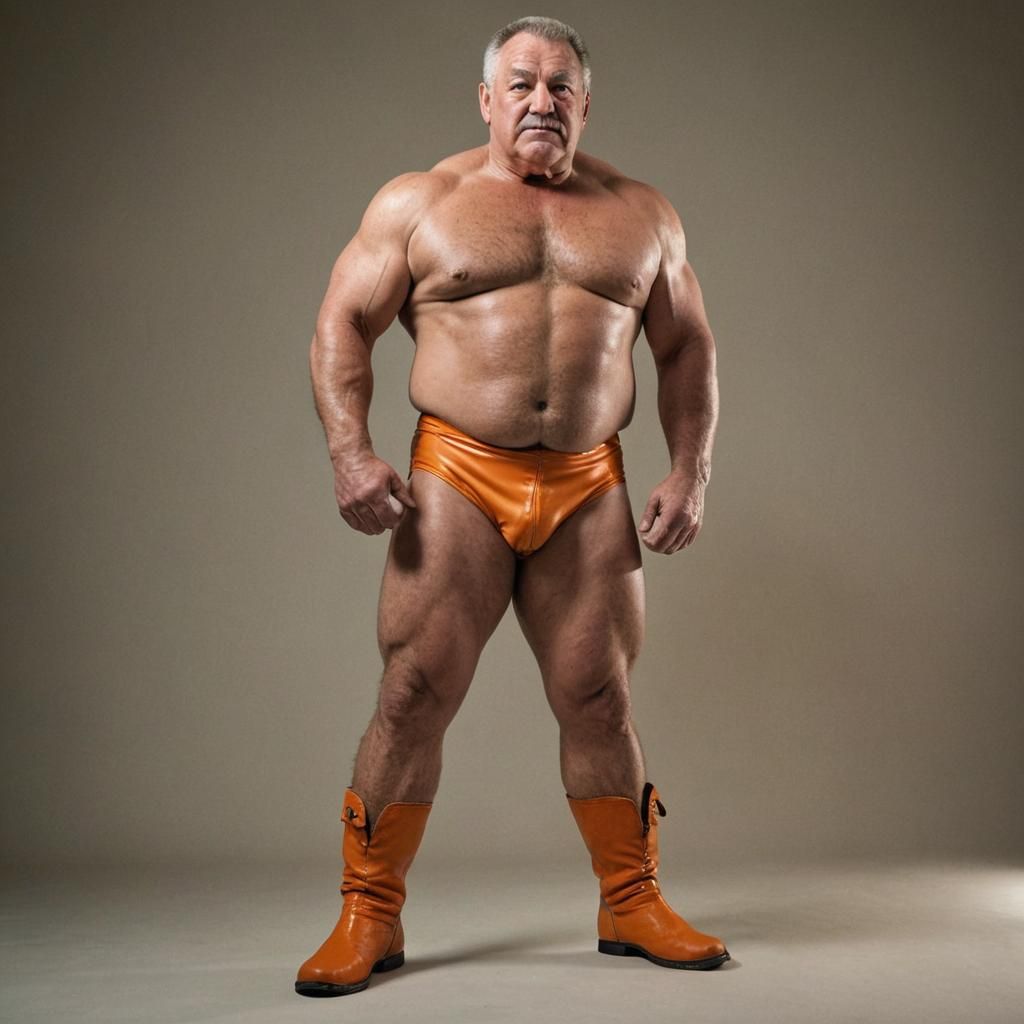 Beefy Wrestler Posing Defiantly in Vibrant Orange