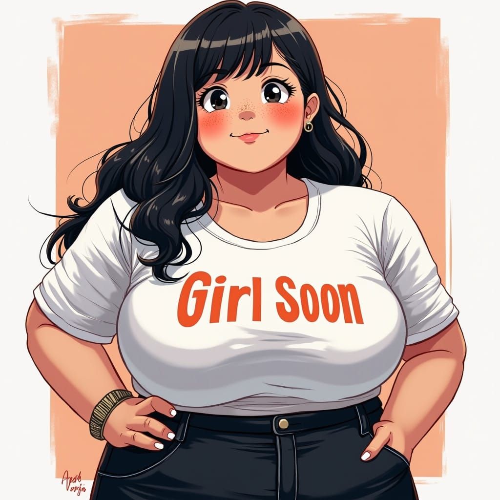 Charming Rotund Girl with Luscious Locks and 'Girl Soon' Tee