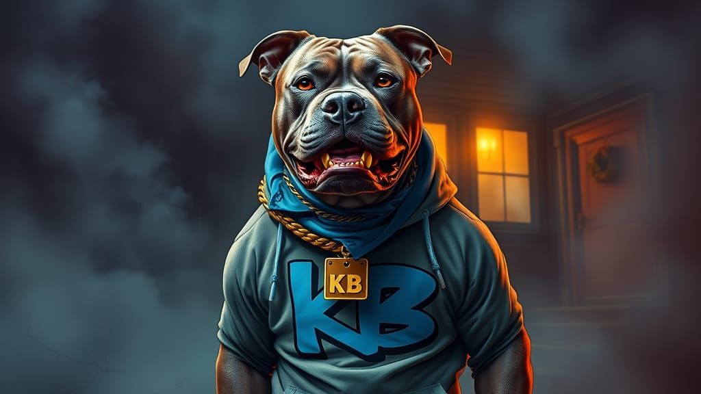 Menacing Pit Bull Rapper in Gritty Urban Setting