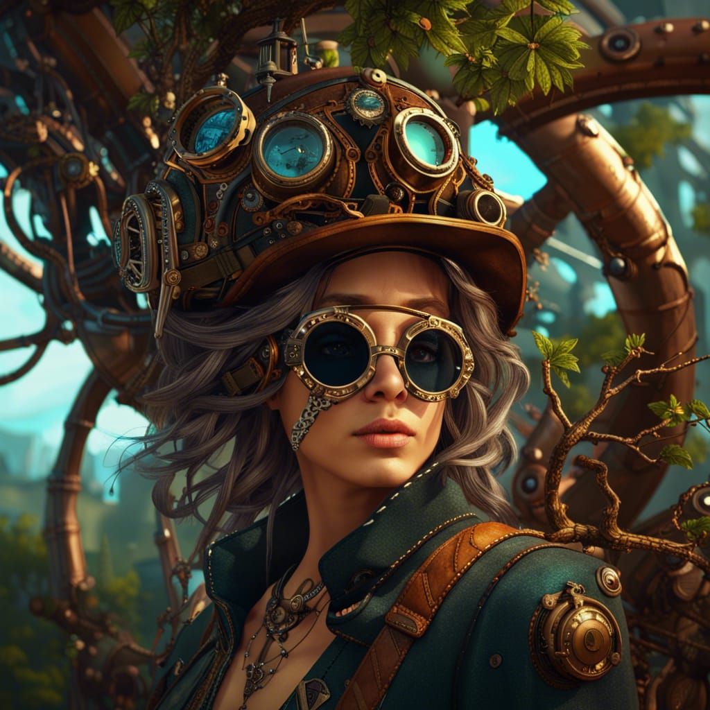 Steampunk Girl in a Mechanical Tree: Detailed Matte Painting
