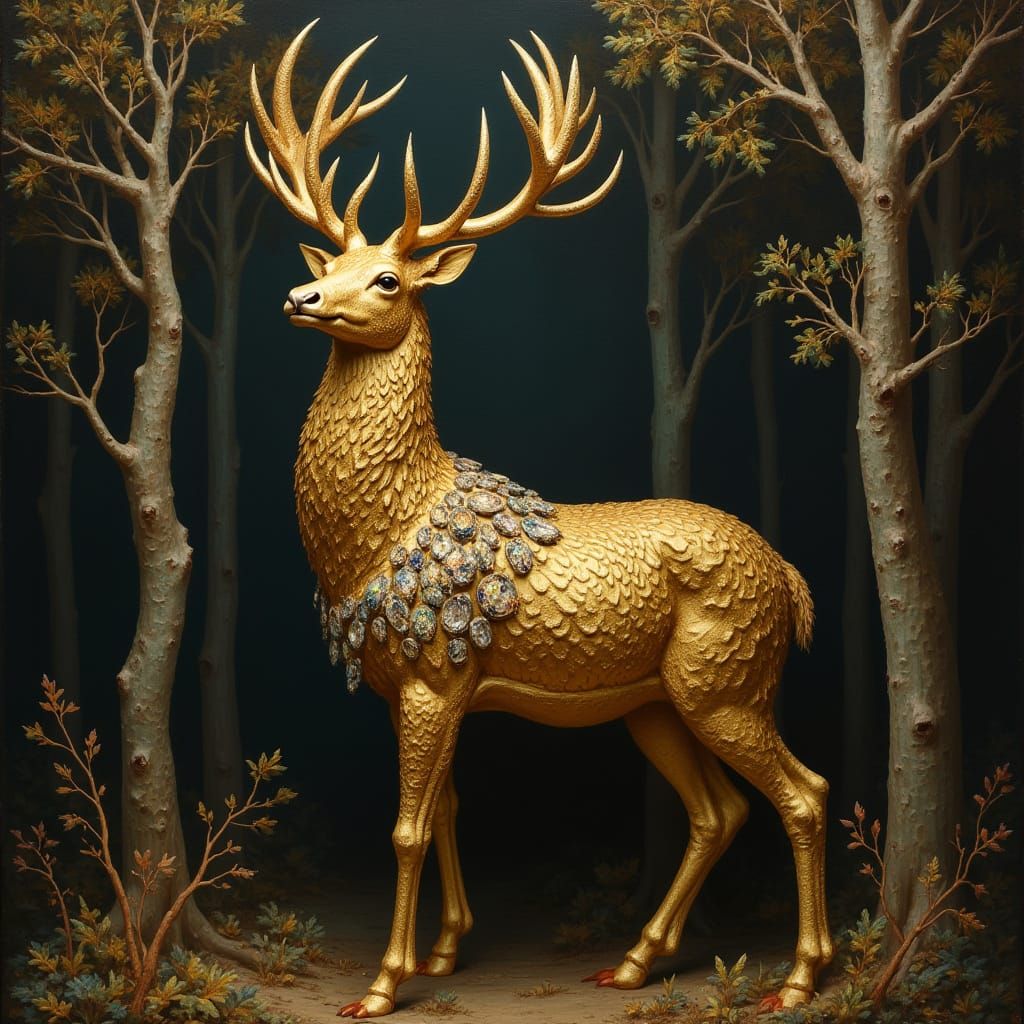 Golden Deer in Crystal Forest, Baroque Style