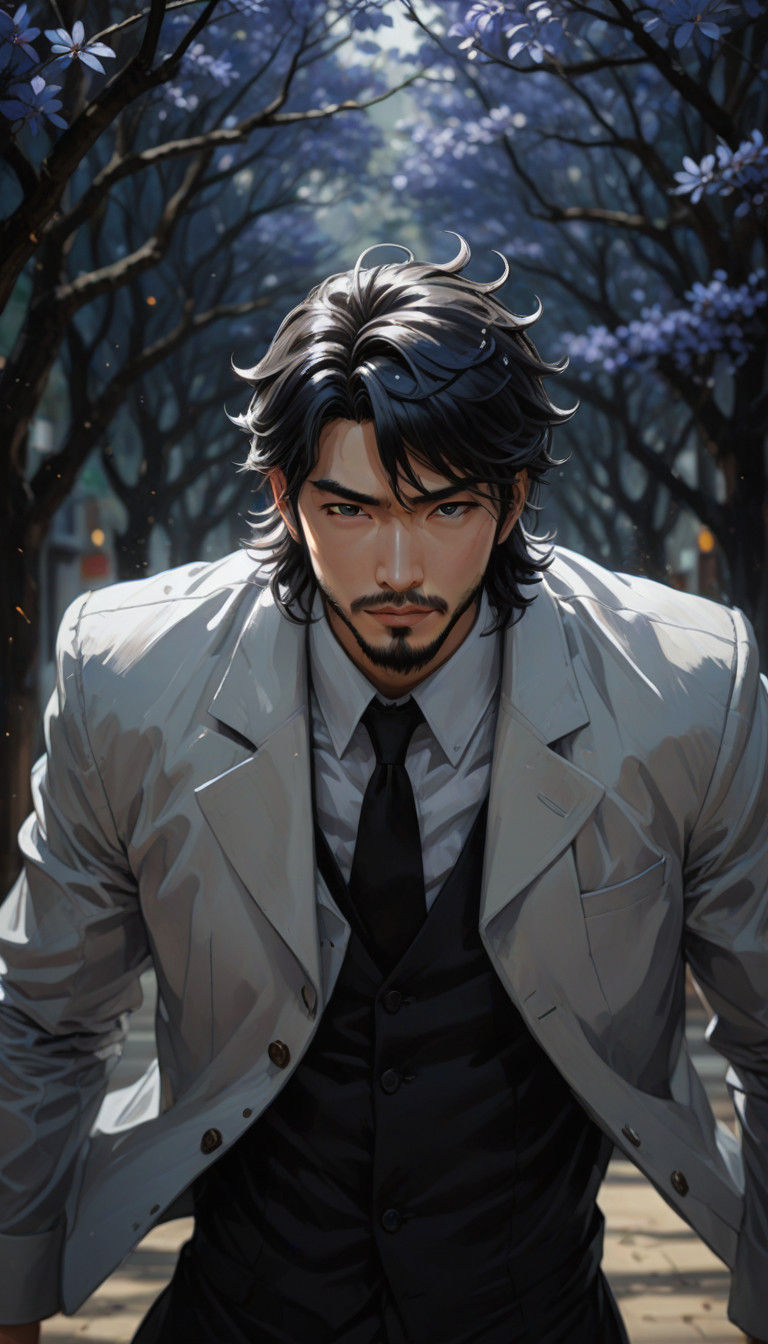 Handsome Asian Male Model with Wavy Black Hair and Bright Bl...