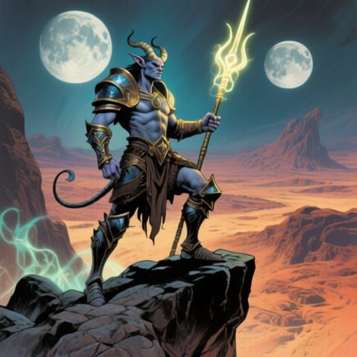 Tiefling Warrior in Celestial Armor on Alien Desert