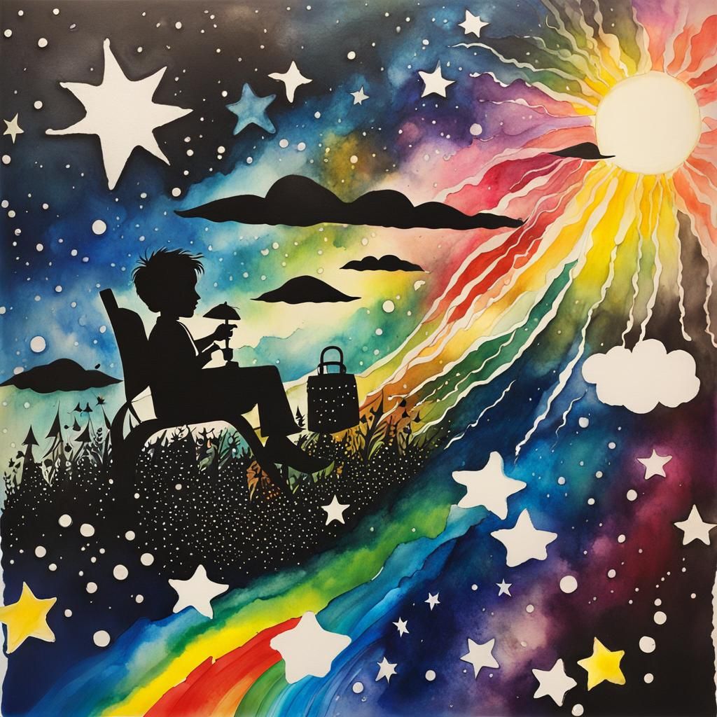 Rainbow Fairy Child on Starry Night in Surreal Style