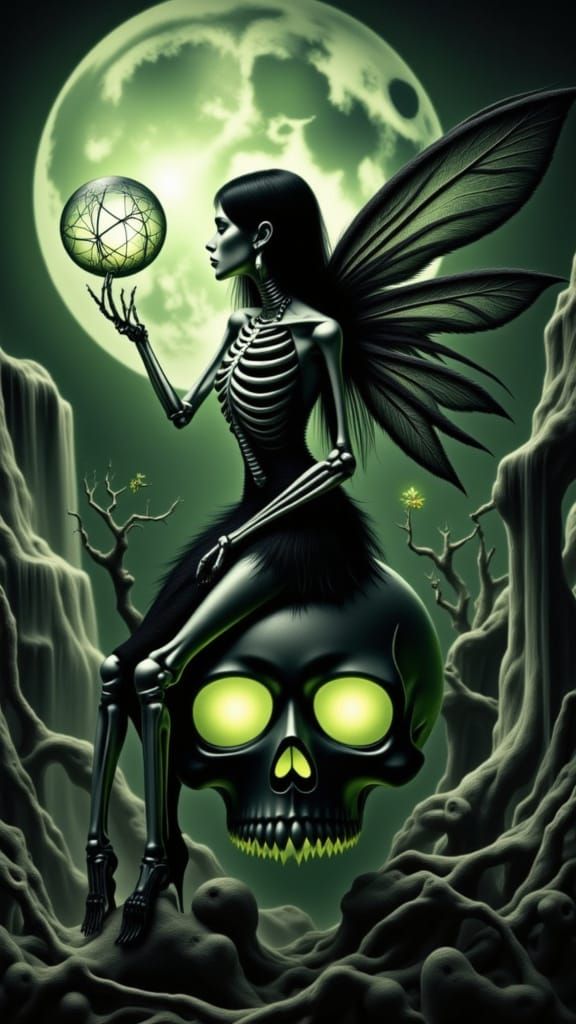 Skeletal Fairy with Bone Wings and Glowing Orb