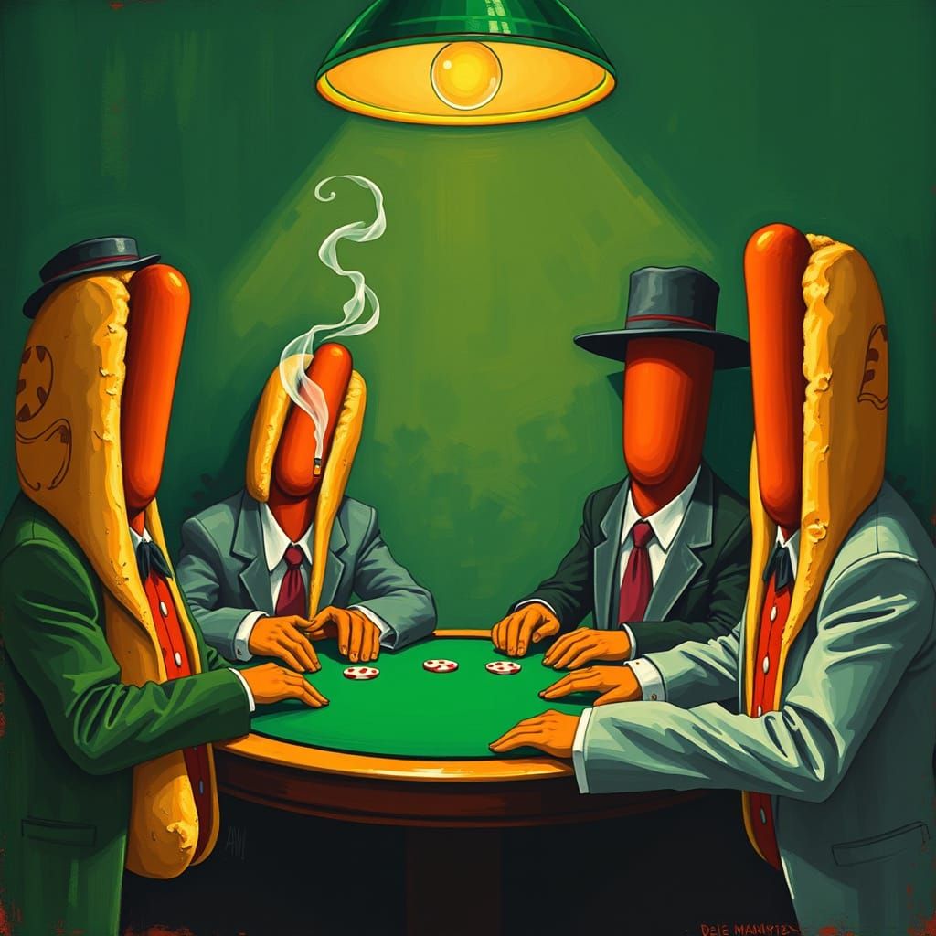 Hotdogs Playing Poker in Surrealist Style